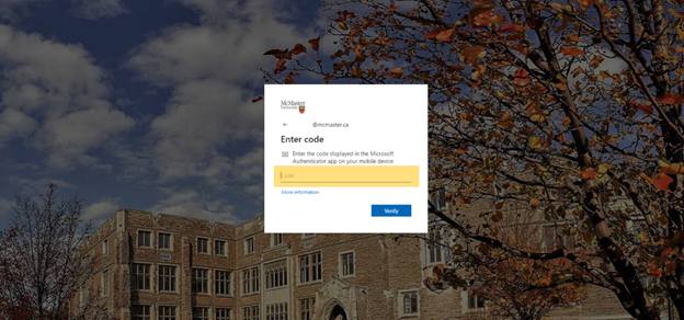 McMaster Login Portal with blank verification code field highlighted